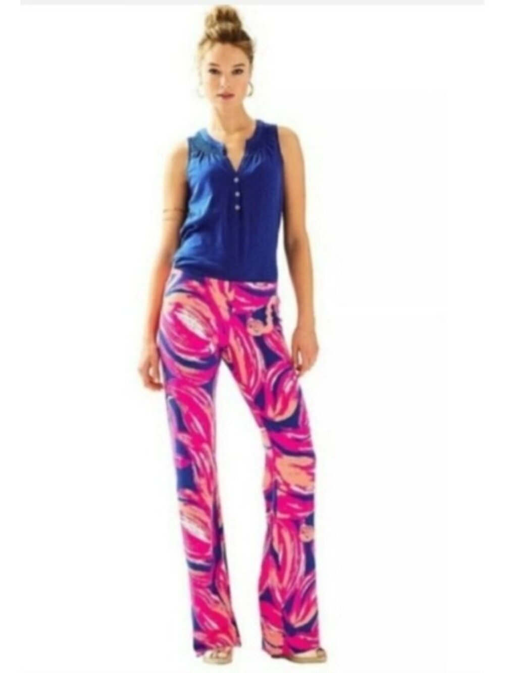 Lilly Pulitzer Georgia May Palazzo Pants XS Bomber Blue Plume Bloom Pink Pop Art